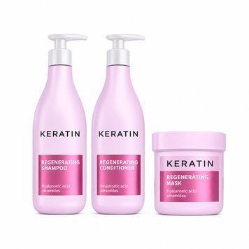 Набір для відновлення пошкодженого волосся Hyaluronic Keratin 2+1 (шампунь 500 мл + кондиціонер 500 мл + маска 500 мл) з гіалуроновою кислотою та кератином 45009 фото